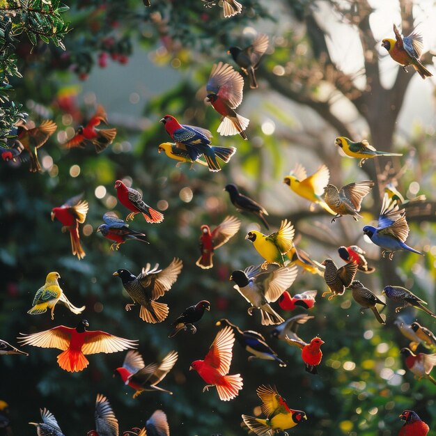 Photo a flock of birds flying through a forest