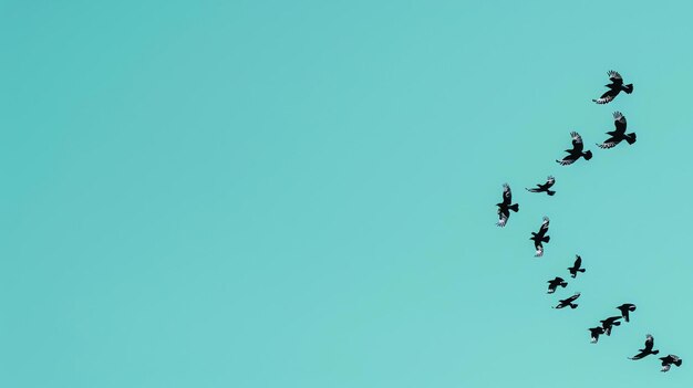 Photo a flock of birds flying in a vformation against a clear blue sky the birds are black and the sky is a light blue