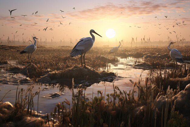 A flock of birds perched on a tranquil lake