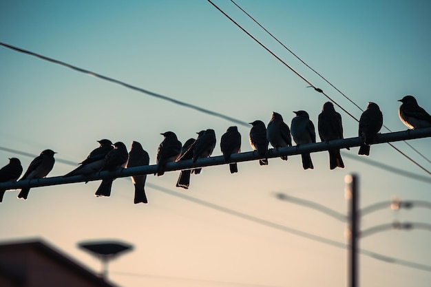 A flock of birds perched on a wir