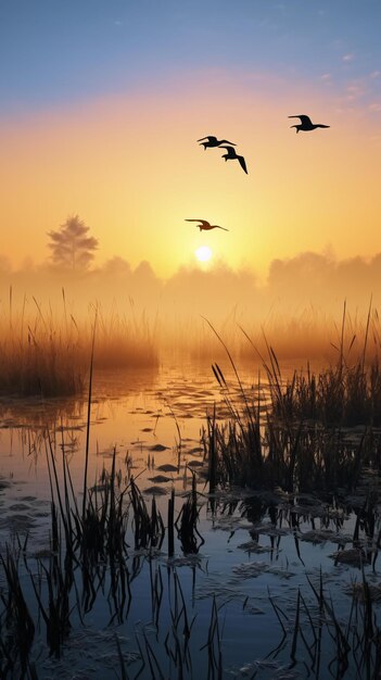 A flock of birds soaring above a serene lake