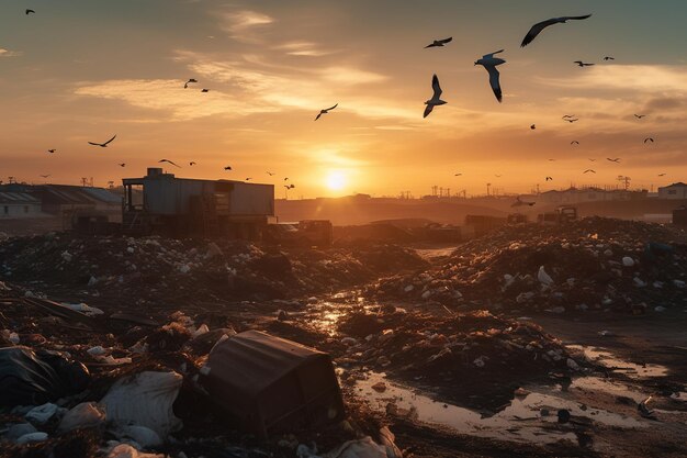 A flock of birds soaring through the sky above a mound of discarded waste