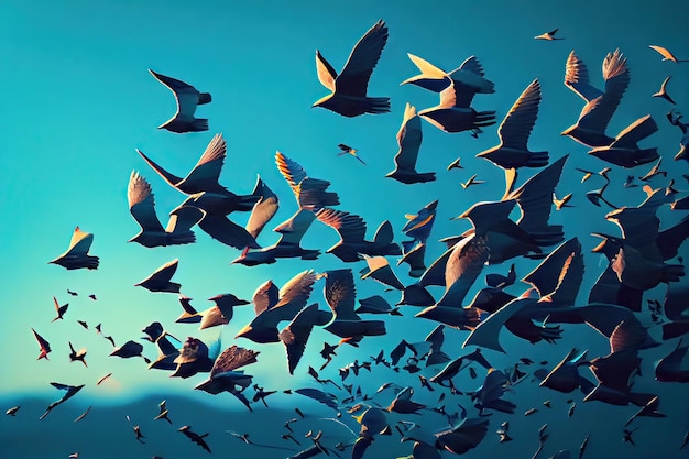 A flock of birds taking flight in a clear blue sky