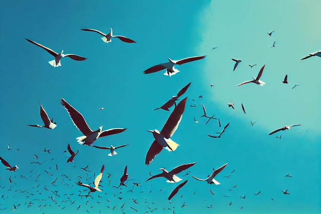 A flock of birds taking flight in a clear blue sky