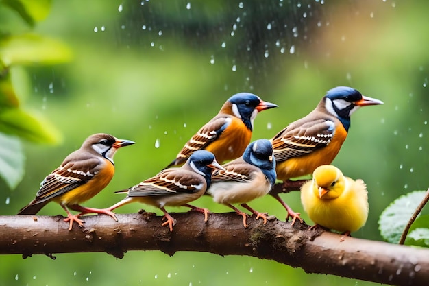 A flock of birds with one yellow and one yellow one is standing on a branch with rain drops