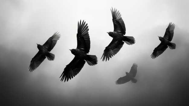 Photo a flock of black ravens flying in the cloudy sky 3d rendering generative ai