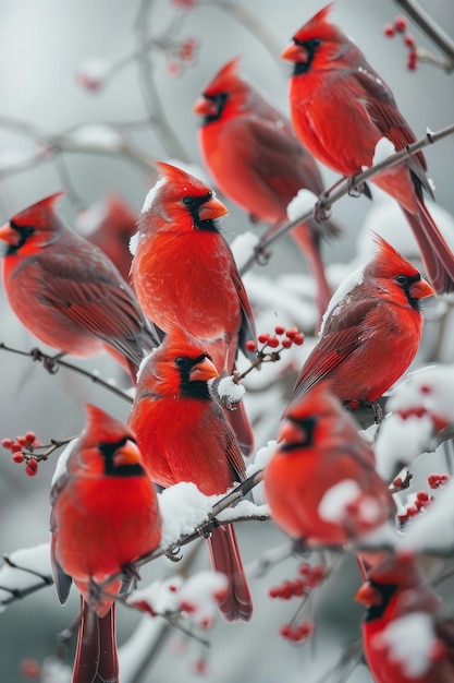 A flock of bright red cardinals flitting through snowy branches stark against the winter white