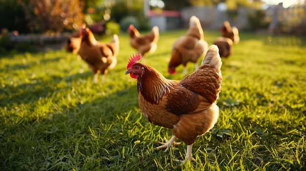 стадо куриц, пасущихся на траве Курицы на традиционной птицеводческой ферме