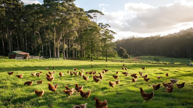 Стадо куриц свободно бродит по пышному зеленому пастбищу недалеко от Кларкфилда