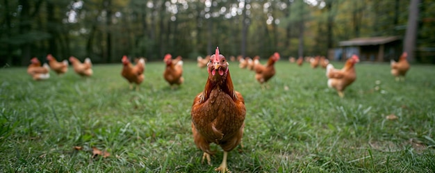 A flock of chickens roam in green paddock Free range chicken on traditional poultry farm