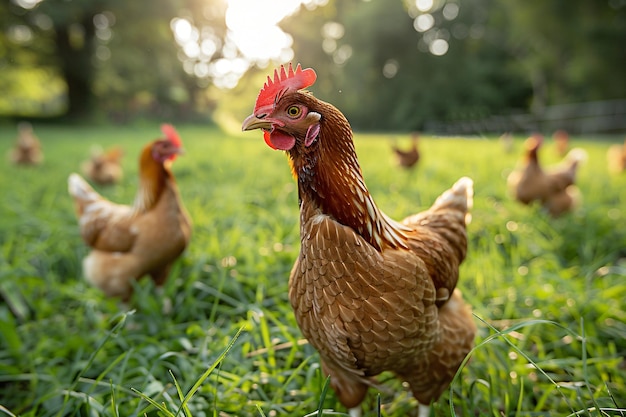 A flock of chickens roam in green paddock Free range chicken on traditional poultry farm