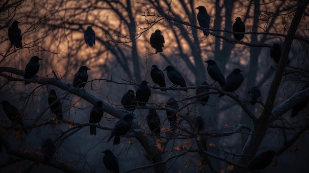 A flock of crows sit on a tree branch in the winter.