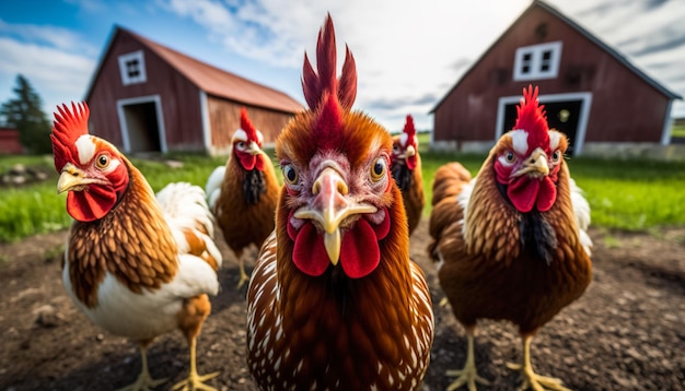 A flock of curious chickens peek into the camera closeup shot Generative ai