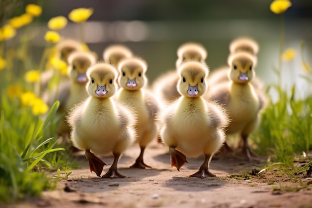 A flock of cute goslings run towards the camera Charming musk geese of different colors together B