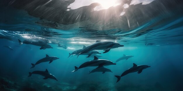 Flock of dolphins underwater in the sea near the surface swimming and hunting underwater view with the sun rays generative AI