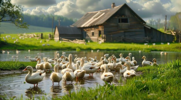 A flock of domestic geese