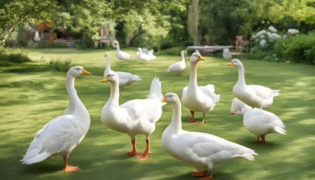 Photo a flock of ducks are standing in a field with one of them has orange beaks