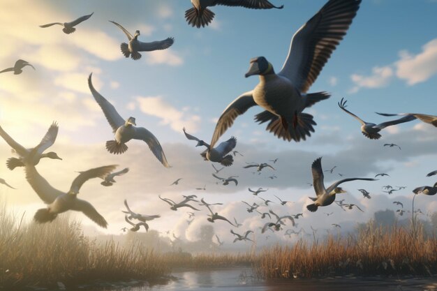 A flock of ducks fly over a marsh and the sky is cloudy.