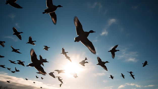 A flock of ducks fly in the sky.