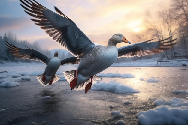 Flock of ducks flying over a frozen lake at sunset winter timeWild ducks flying over a frozen river AI generated