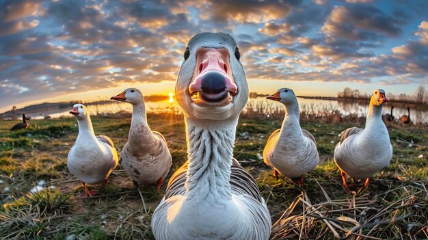 Photo a flock of ducks gathered together standing on a lush green grasscovered field