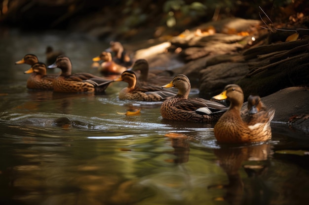 Flock Of Ducks Swimming In A Calm Stream Generative AI