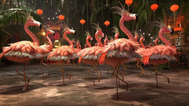 Photo a flock of fancy flamingos bedecked in sparkly tiaras and tutus twirling in unison to the beat of