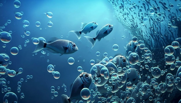 Flock of fish diving bubbles blue background Generative Ai