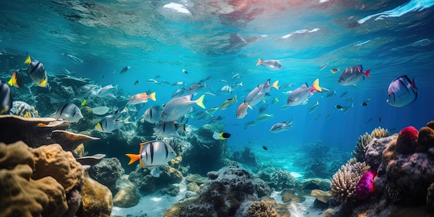 サンゴ礁を通る熱帯の海に生息する魚の群れ