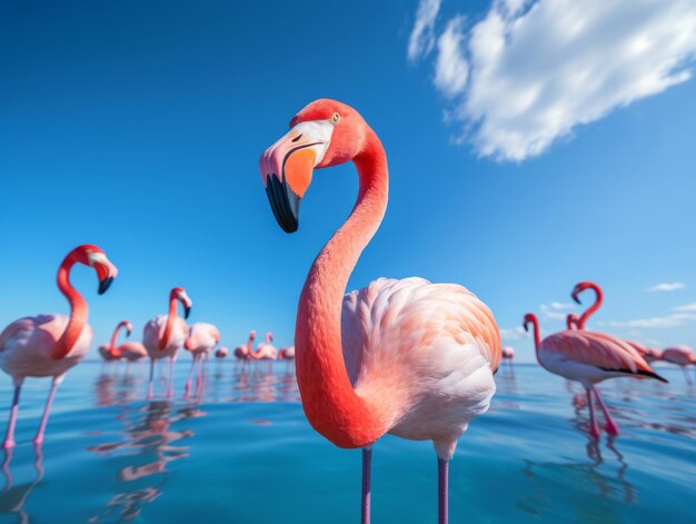 Flock of flamingos along with other flamingos on lake