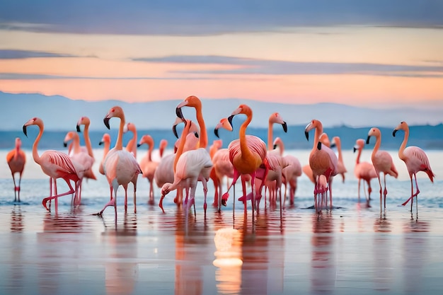 A flock of flamingos are standing in the water and the sky is orange