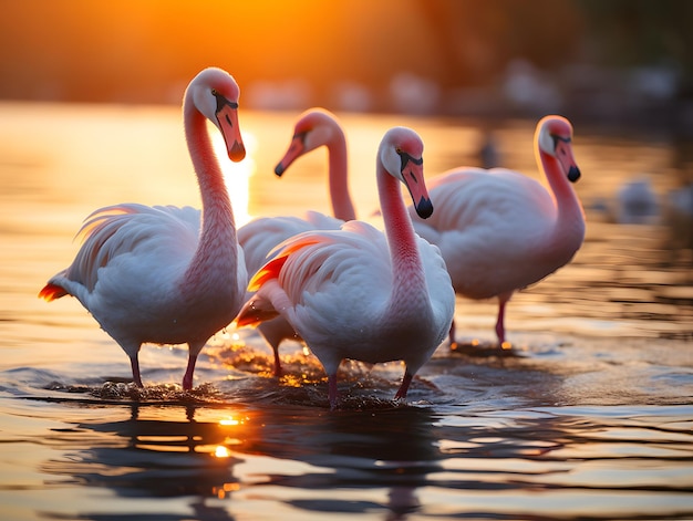 A flock of flamingos gracefully wading in a shimmering lake