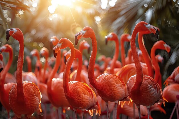 Flock of flamingos taking flight