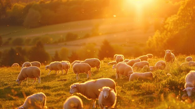A flock of fluffy sheep scattered across a picturesque meadow grazing peacefully on the grass