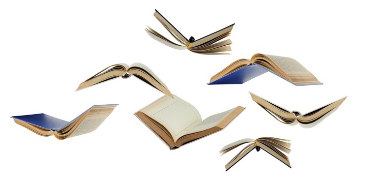 Фотография стая летающих бумажных книг на белом фоне открытые книги в воздухе