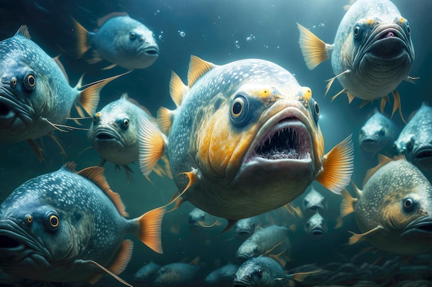 Flock of frightening fast piranhas preys on other fish in water created with generative ai