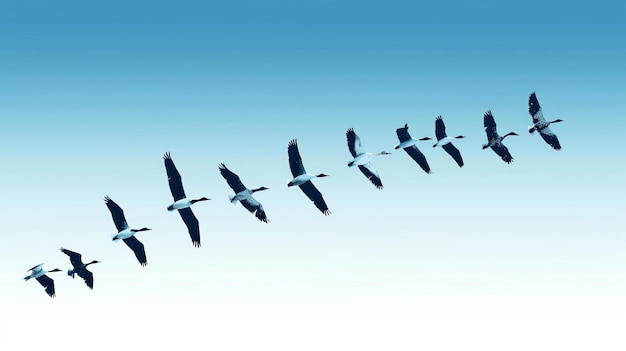 A flock of geese flies across a blue sky The geese are arranged in a Vformation with the lead goose at the point of the V