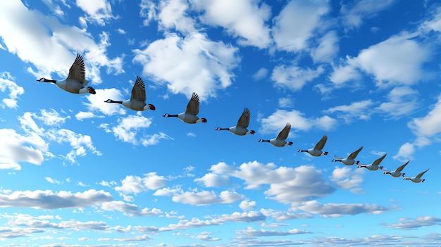 A flock of geese flies in a Vformation against a blue sky with white clouds The geese are flying towards the right of the image