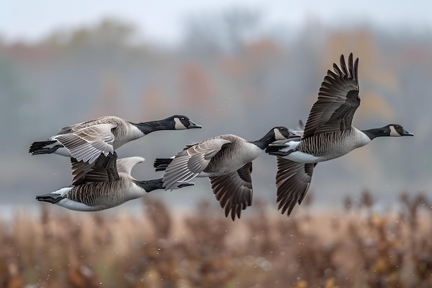 Flock of Geese Flying Over Dry Grass Field Generative AI