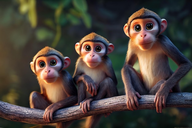 A flock of macaques sit on a tree branch with green foliage in the jungle on a clear summer day 3d illustration