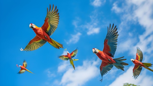 Photo a flock of macaws fly in the sky