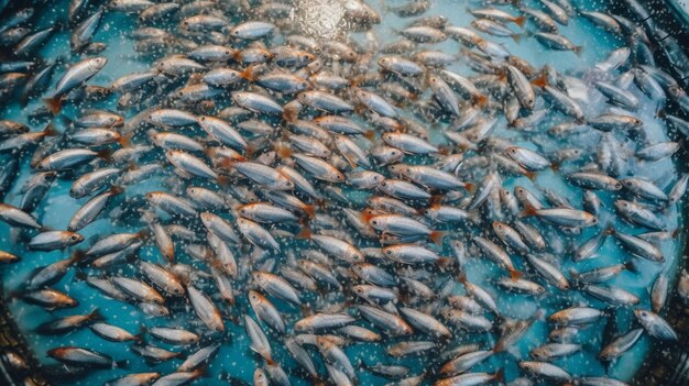 写真 魚の群れ - 養殖場内で繁殖する魚の群れ