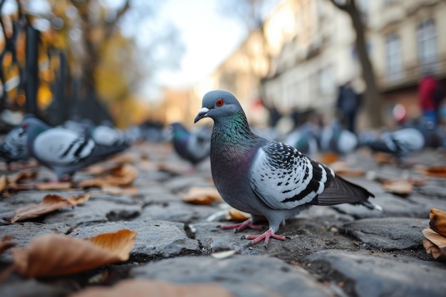 Photo a flock of pigeons on a cobbled street in the old town on a summers day from a low angle