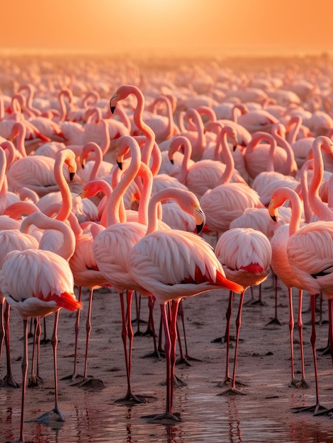 A flock of pink flamingos on the coast