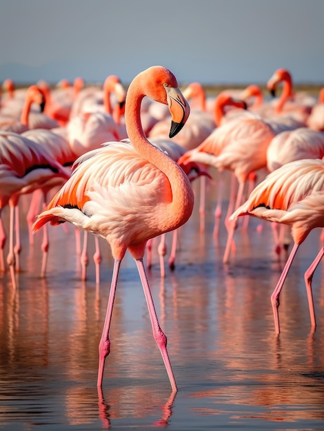 A flock of pink flamingos on the coast