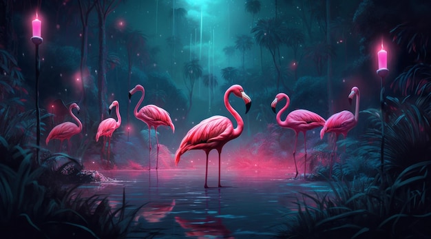 A flock of pink flamingos at night in the jungle