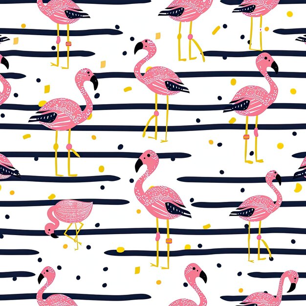 Photo a flock of pink flamingos with yellow dots on the white background