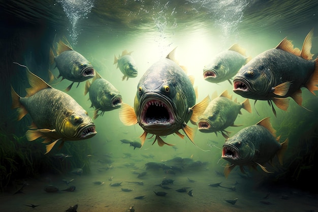 Flock of predatory piranhas chases prey in muddy river water created with generative ai