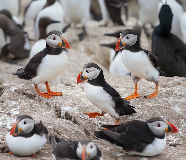 A flock of puffin relax on the rock during the breading season on the farne islands in england