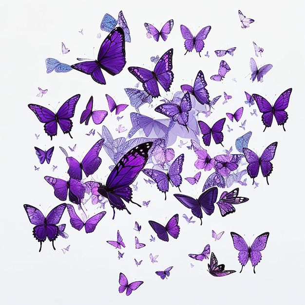 Стая бабочек фиолетового цвета, маленькие и большие, на белом фоне, созданные искусственным интеллектом